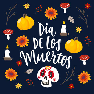 Dia de Los Muertos greeting card, invitation. Mexican Day of the Dead. Ornamental skull, lettering text, pumpkins, mushrooms and autumn leaves. Hand drawn vector illustration background, fall pattern.