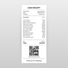 Receipts vector illustration of realistic payment paper bills for cash or credit card transaction. Vector illustration.