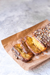 slise of fresh sweet bread with nuts and pumpkin, autumn pastry