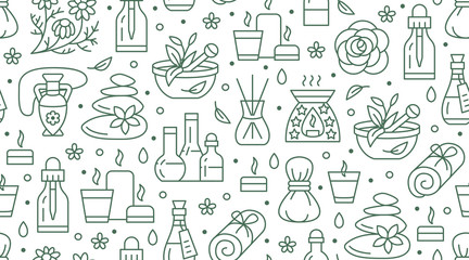 Aromatherapy seamless pattern with vector flat line icons. Essential oil vector background - diffuser, aroma candles, herbal flavors, stone massage, spa lotion. Backdrop for physiotherapy clinic