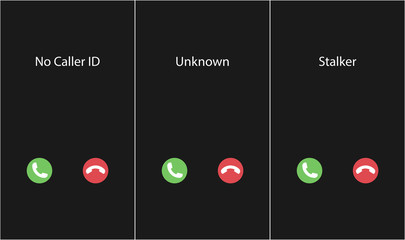 Vector illustration with the inscription: No Caller ID, Unknown, Stalker. Phone interface with two icons accept or reject a call