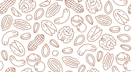 Nut seamless pattern with flat line icons. Vector background of dry nuts and seeds - almond, cashew, peanut, walnut, pistachio. Food texture for grocery shop, brown white color - obrazy, fototapety, plakaty