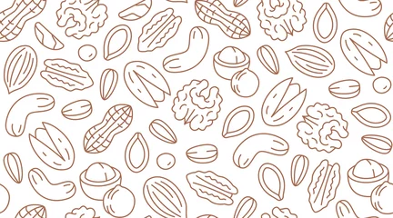 Fotobehang Nut seamless pattern with flat line icons. Vector background of dry nuts and seeds - almond, cashew, peanut, walnut, pistachio. Food texture for grocery shop, brown white color © nadiinko