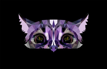 Low poly triangular hunting wild cat head on black background, vector illustration isolated.  Polygonal style trendy modern logo design. Suitable for printing on a t-shirt.