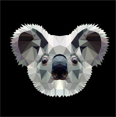 Low poly triangular koala head on black background, vector illustration isolated.  Polygonal style trendy modern logo design. Suitable for printing on a t-shirt.