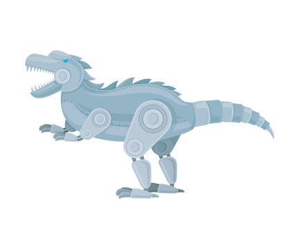 Robot dinosaur stands on its hind legs. Side view. Vector illustration on a white background.
