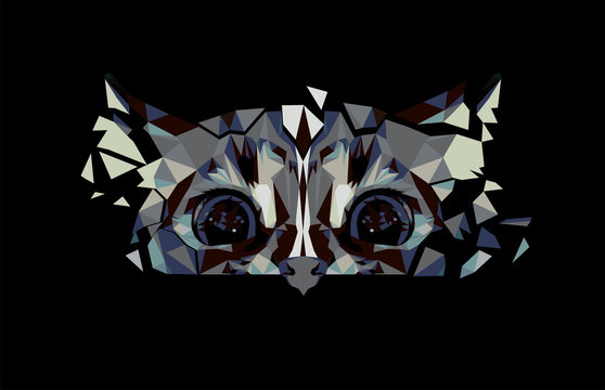 Low poly triangular hunting wild cat head on black background, vector illustration isolated.  Polygonal style trendy modern logo design. Suitable for printing on a t-shirt.