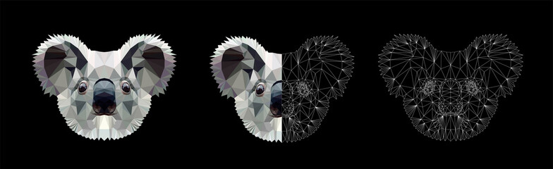 Low poly triangular koala heads set on black background, vector illustration isolated.  Polygonal style trendy modern logo design. Suitable for printing on a t-shirt. © Oomi