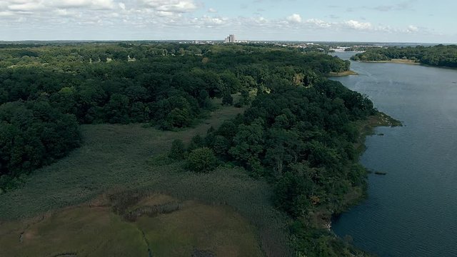 a shot with my drone mavic 2 zoon to a lake with trees and the city on the horizon