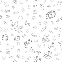 Vector seamless pattern with monochrome funny doodle summer symbols for a beach holiday. Linear hand drawn illustration
