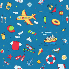 Fototapeta premium Vector seamless pattern with multicolour funny doodle summer symbols for a beach holiday. Colorful hand drawn illustration