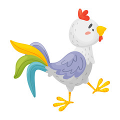Gray cartoon rooster is coming. Vector illustration on a white background.