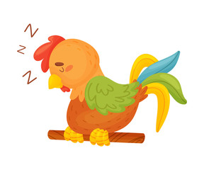Cartoon brown rooster sleeping on a thin stick. Vector illustration on a white background.