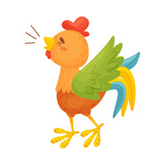 Brown rooster crowes. Side view. Vector illustration on a white background.