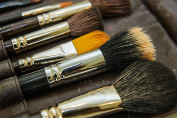 Fototapeta premium Cosmetics and beauty concept. Make-up brushes on holster.