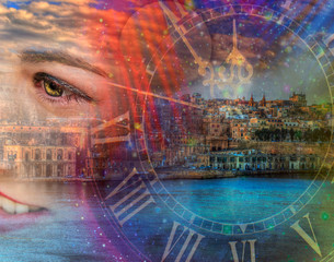 Female face and watch on a background of the old city