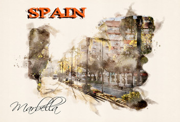 Marbella in a watercolor style. Spain