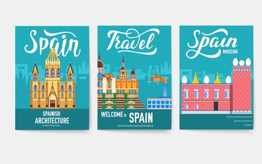 Obraz premium Spain vector brochure cards set. Country template of flyear, magazines, posters, book cover, banners. Travel invitation concept background. Layout architecture illustrations modern page