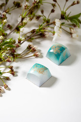 Obraz na płótnie Canvas Sweet chocolate blue bonbons close-up and blossom