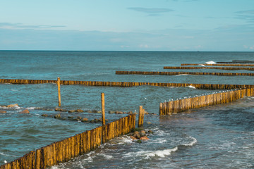Breakwater on the shore in the Baltic sea. Seascape in the Kaliningrad region