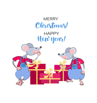 Funny rats with presents, Christmas and New Year greeting. Chinese New Year. Design concept for happy new year, christmas holiday. Symbols of 2020.