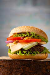 Burger with cheese and beef, food close-up
