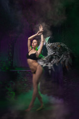 dark angel with the magic big dirty wings in the colorful smoke
