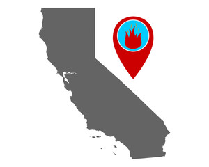 Karte von Kalifornien und Pin mit Feuerwarnung