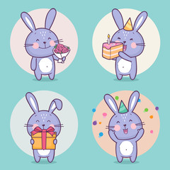 Set of cute bunny rabbit character celebrating holiday, event. Vector cartoon bunny character having fun. Vector collection