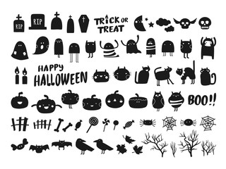 Obraz premium Vector collection of Halloween silhouettes characters and icons. Black Halloween design elements on white background 