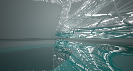 Abstract smooth white lines and blue water parametric interior with neon lights. 3D illustration and rendering.