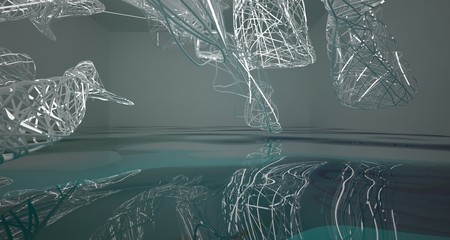 Abstract smooth white lines and blue water parametric interior with neon lights. 3D illustration and rendering.