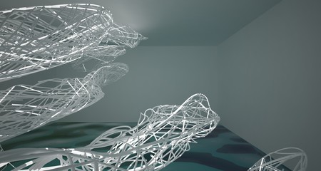 Abstract smooth white lines and blue water parametric interior with neon lights. 3D illustration and rendering.