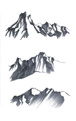 Marker sketch. Silhouettes of mountains isolated on a white background. Concept. Entourage for your design. Adventure illustration. Set of three elements 