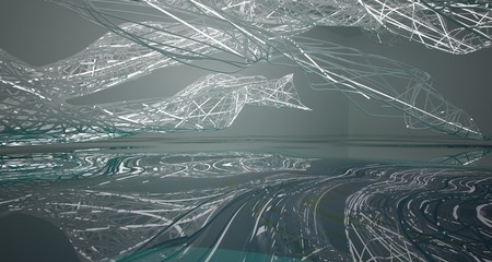 Abstract smooth white lines and blue water parametric interior with neon lights. 3D illustration and rendering.