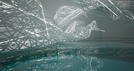 Abstract smooth white lines and blue water parametric interior with neon lights. 3D illustration and rendering.