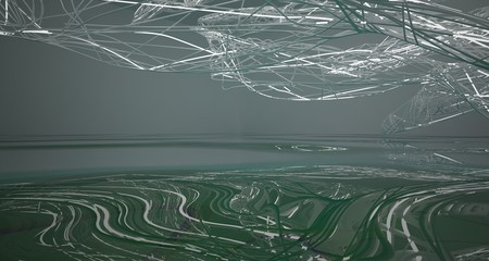 Abstract smooth white lines and blue water parametric interior with neon lights. 3D illustration and rendering.