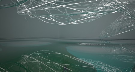 Abstract smooth white lines and blue water parametric interior with neon lights. 3D illustration and rendering.