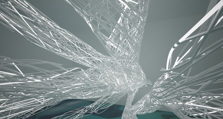Abstract smooth white lines and blue water parametric interior with neon lights. 3D illustration and rendering.