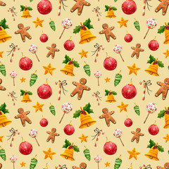 Seamless pattern with watercolor bell, ginger man, decorations, candies. Hand drawn illustration isolated on beige. Template is perfect for christmas and vintage design, wrapping, wallpaper