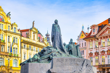 Statues of Jan Hus in the Old Town Square in Prague
