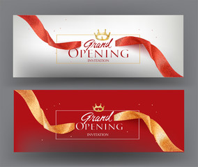 Elegant grand opening gold and red invitation card with sparkling ribbons. Vector illustration
