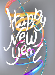  New year poster with levitating ribbons and lettering . Vector illustration