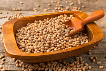 Soybean on a rustic wooden table in a bowl and with a spoon