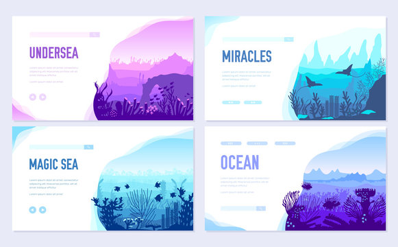dedicated to undersea vector brochure cards set. Coral reef in the ocean template of flyear, web banner, ui header, enter site. Invitation concept background. Layout illustration modern slider page