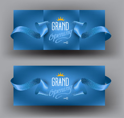 Grand opening blue invitation cards with sparkling ribbons. Vector illustration
