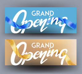 Grand opening blue and gold cards with curly sparkling ribbons. Vector illustration