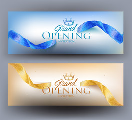 Grand opening blue and gold cards with curly sparkling ribbons. Vector illustration