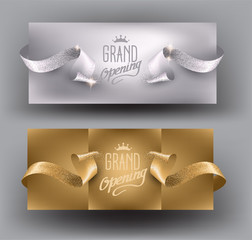 Grand opening god and silver invitation cards with beautiful sparkling ribbons. Vector illustration