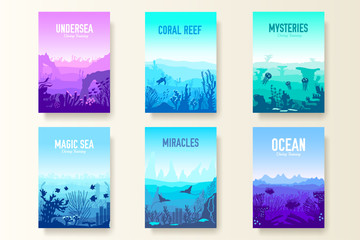 Naklejka na ściany i meble dedicated to undersea vector brochure cards set. Coral reef in the ocean template of flyear, magazines, poster, book cover, banners. invitation concept background. Layout illustration modern page